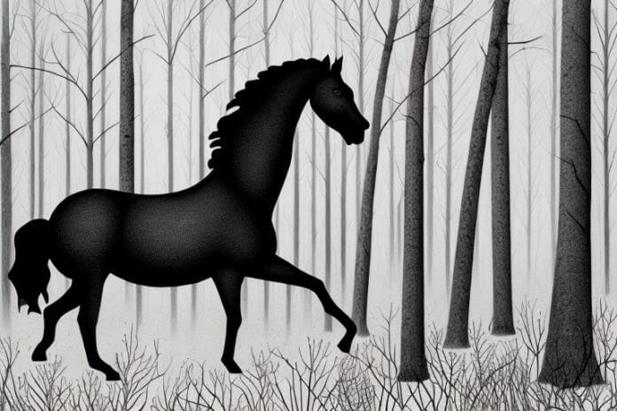 A black horse in a forest setting in centurion