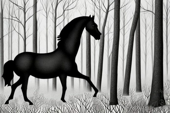 A black horse in a forest setting in krugersdorp