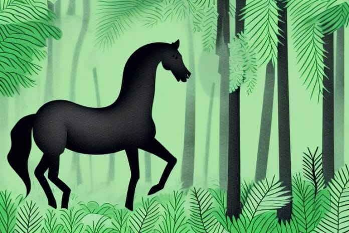 A black horse in a lush green forest in randburg