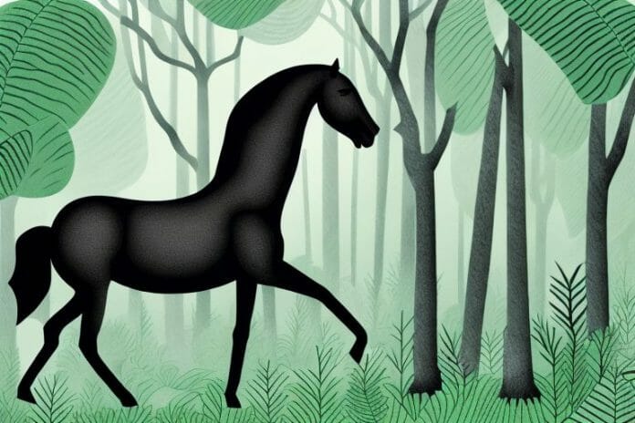 A black horse in a lush forest landscape near roodepoort