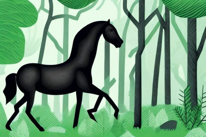 A black horse in a lush forest setting in midrand
