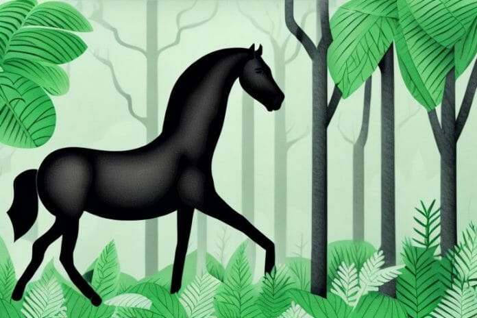 A black horse in a lush forest setting in kempton park