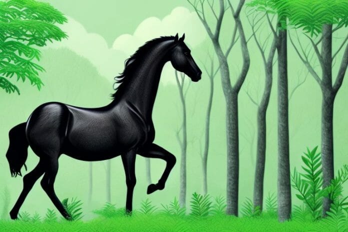 A majestic black horse in a lush green forest in limpopo