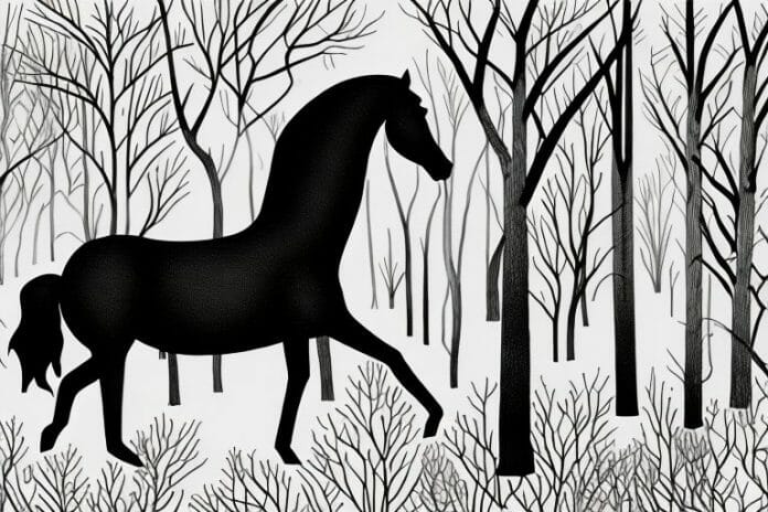 A black horse in a forest setting in lebowakgomo