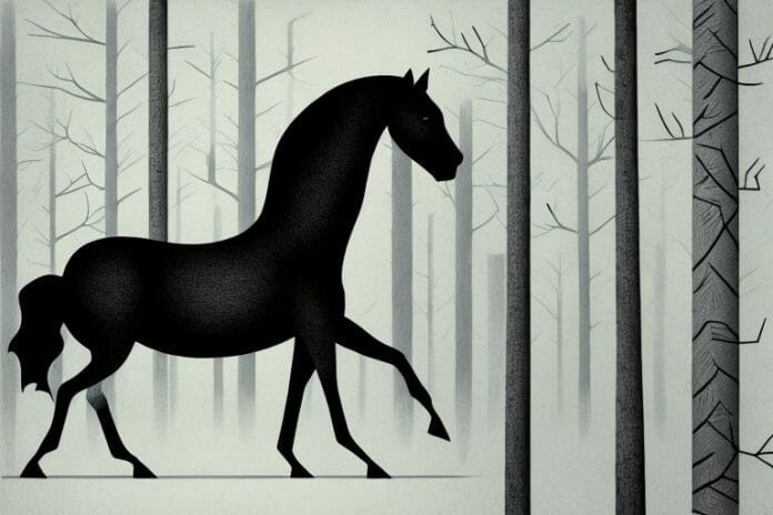 A black horse in a forest setting in tzaneen