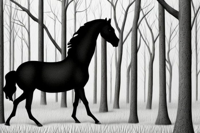 A black horse in a forest setting in phalaborwa