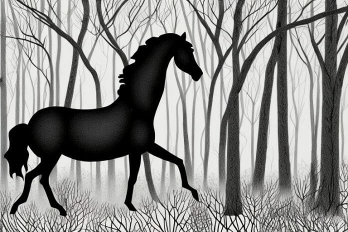 A black horse in a forest setting in giyani