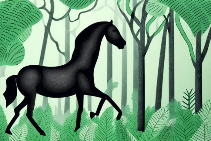A black horse in a lush forest setting in modimolle