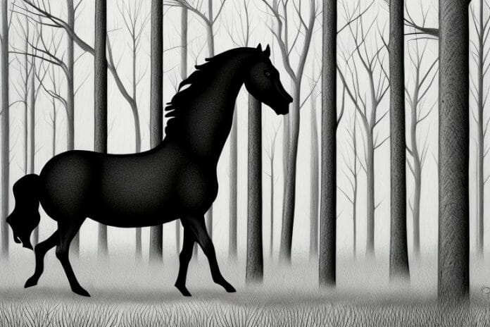 A black horse in a forest setting in louis trichardt