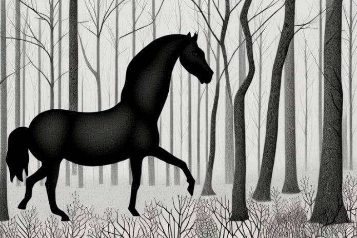 A black horse in a forest setting in bela-bela