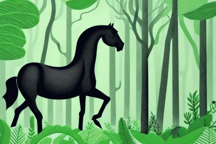 A black horse in a lush