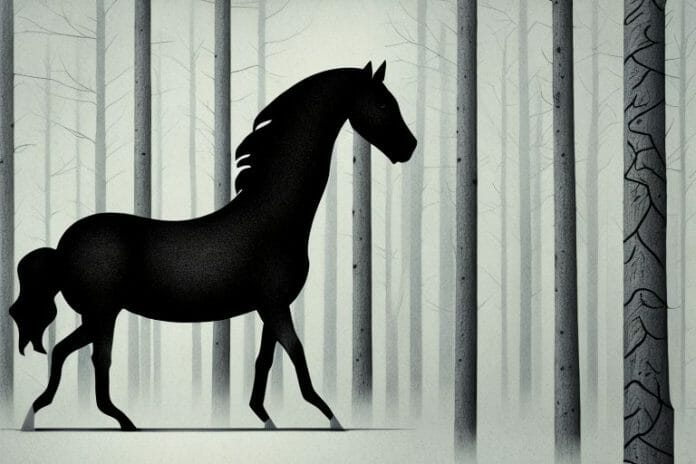 A black horse in a forest setting in secunda