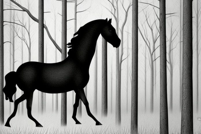 A black horse in a forest setting in delmas