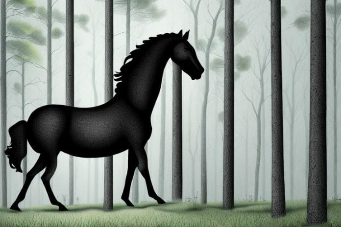 A black horse in a forest setting in ermelo