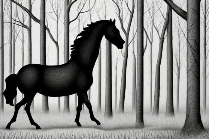 A black horse in a forest setting in barberton