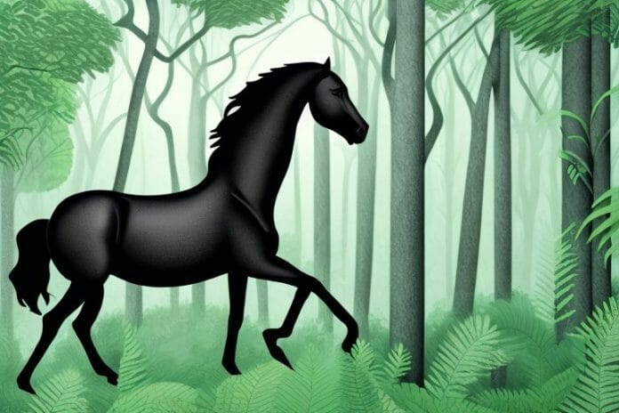A black horse in a lush forest setting in hazyview