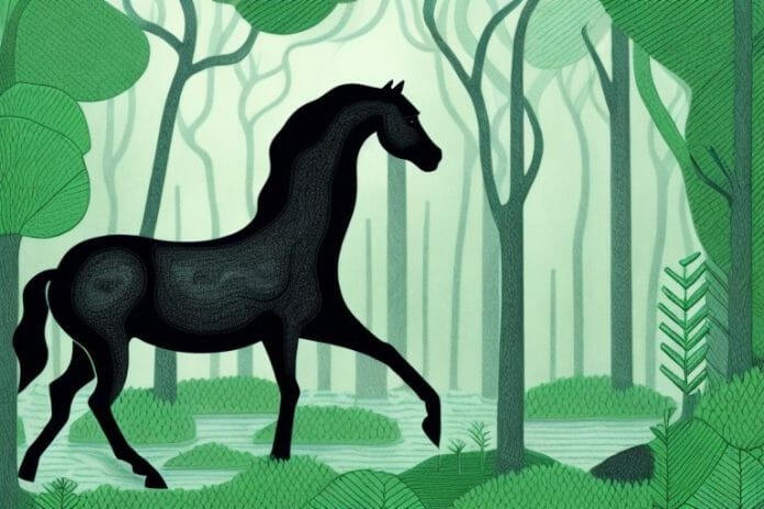 A black horse in a lush forest