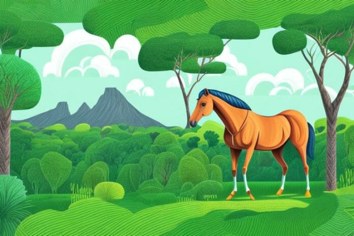 A horse in a lush green forest with a backdrop of the south african landscape