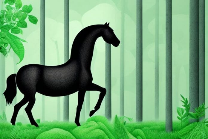 A black horse standing in a lush