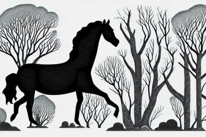 A black horse in a forested landscape in the northern cape of south africa