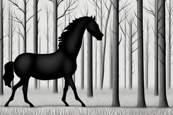A black horse in a forest setting in kuruman