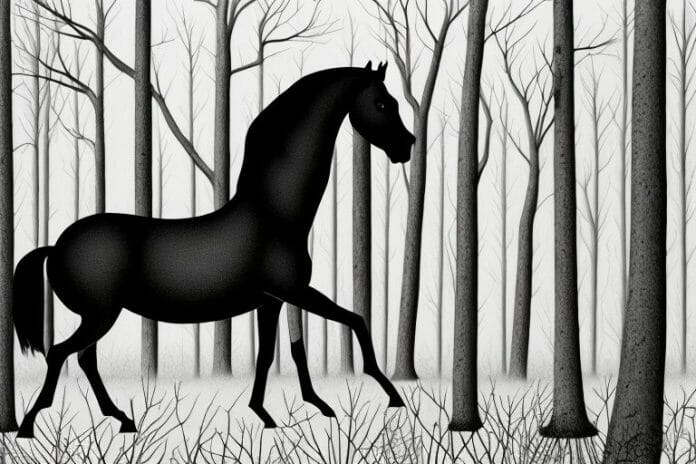 A black horse in a forest setting in kathu