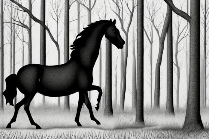 A black horse in a forest setting in warrenton