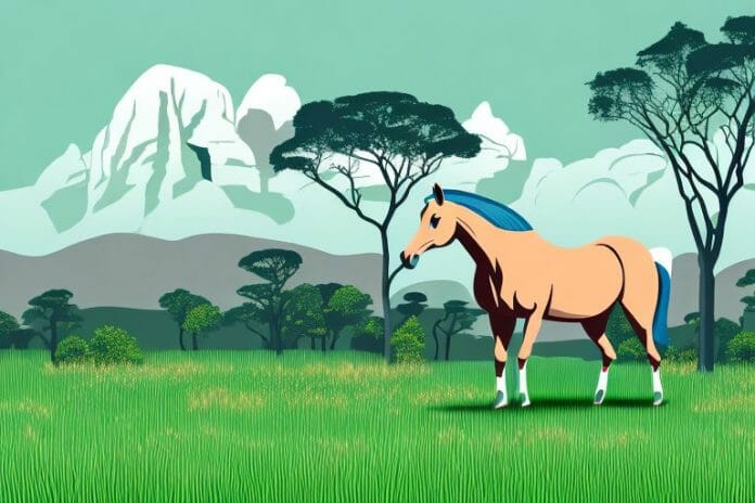 A horse in a grassy field surrounded by trees in the black forest of south africa