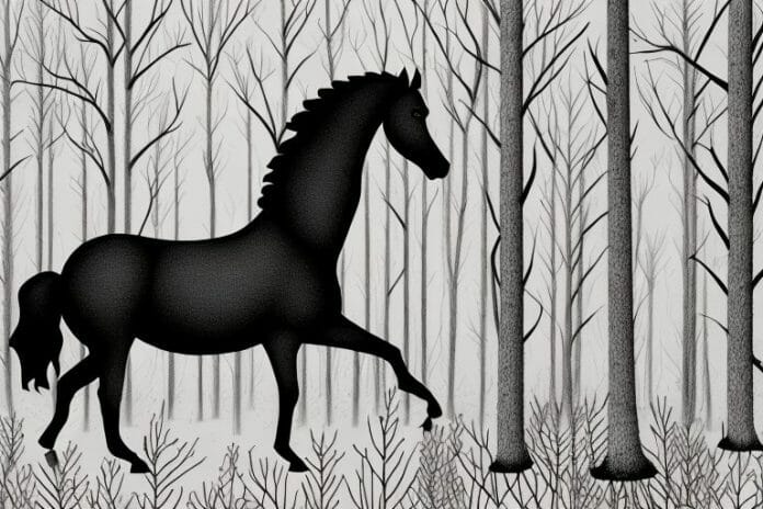 A black horse in a forest setting in colesberg