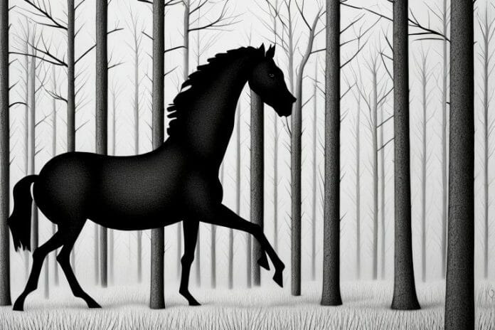 A black horse in a forest setting in calvinia