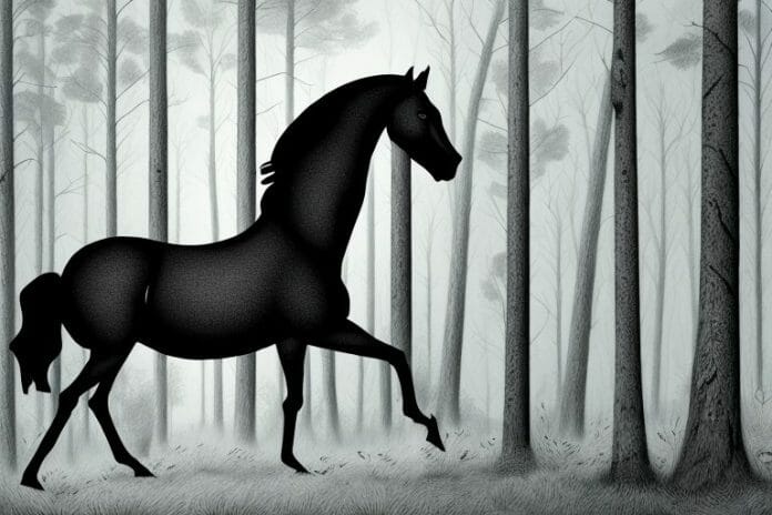 A black horse in a forest setting in prieska