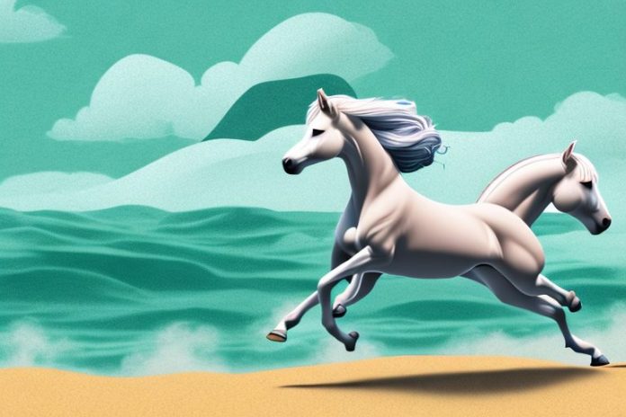 A connemara pony horse galloping through a beach landscape in port shepstone