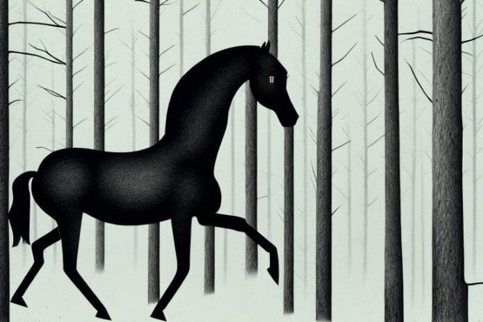 A black horse in a forest setting in south africa