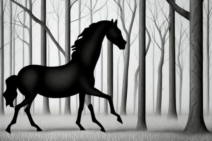 A black horse in a forest setting in rustenburg