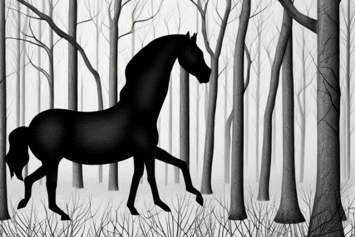 A black horse in a forest setting in potchefstroom