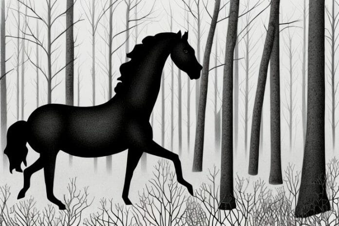 A black horse in a forest setting in klerksdorp