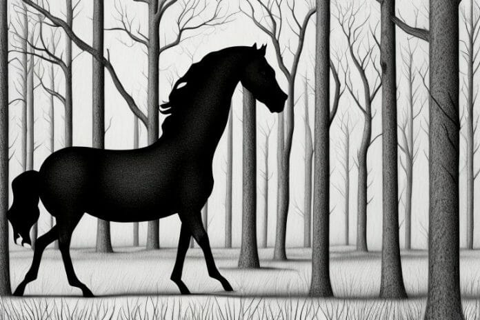 A black horse in a forest in orkney