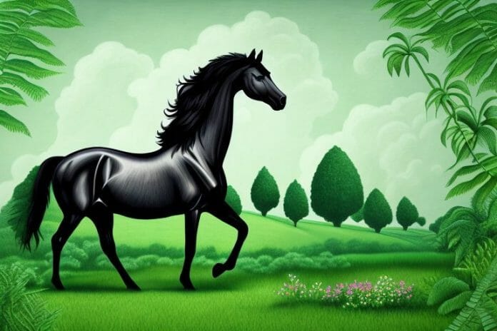 A black horse in a lush green forest with a stilfontein landscape in the background