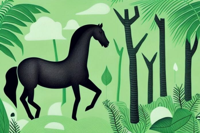 A black horse in a lush