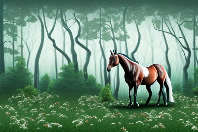 A horse in a black forest setting