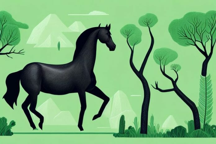 A black horse in a lush green forest in the vryburg area of south africa