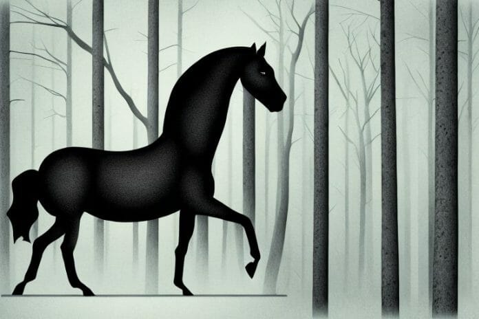 A black horse in a forest setting in mabopane