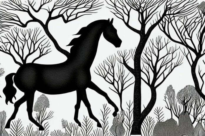 A black horse in a south african forest landscape