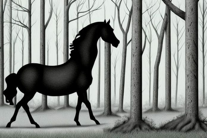 A black horse in a forest landscape in worcester