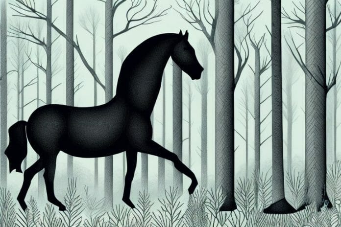 A black horse in a forest setting in mossel bay
