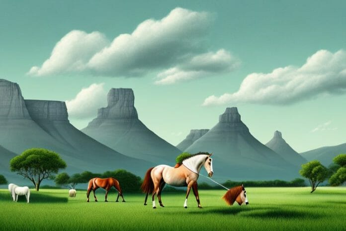 A south african landscape with an irish sport horse grazing in the foreground