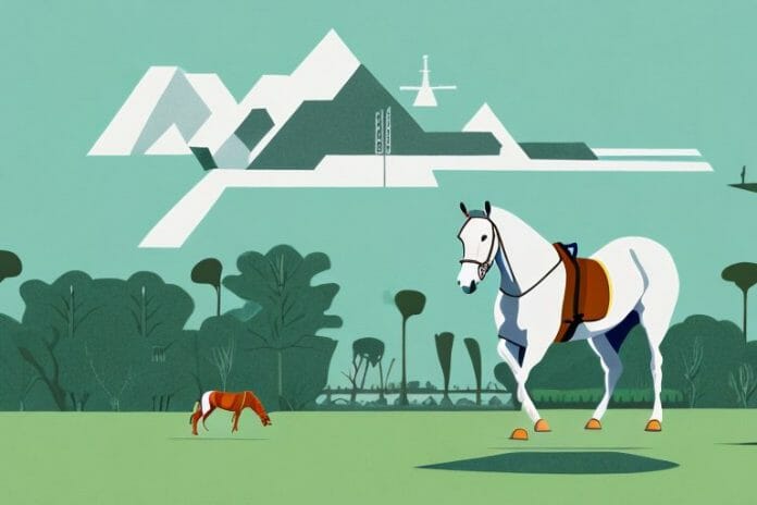 A pretoria landscape featuring an irish sport horse in the foreground