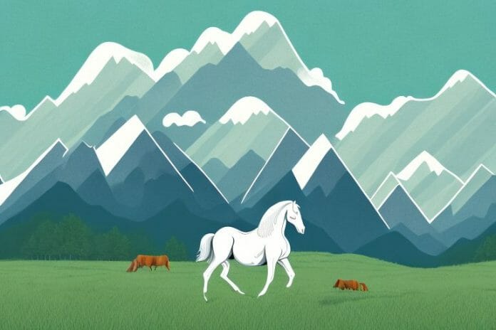 A horse in a field with a mountainous landscape in the background