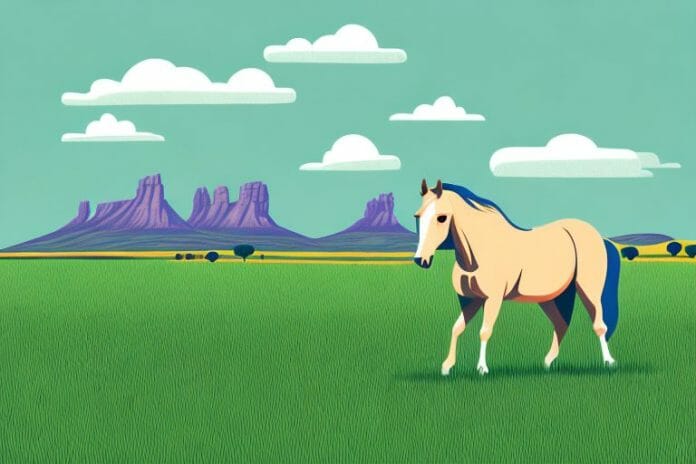 A horse in a grassy field with a backdrop of the south african landscape