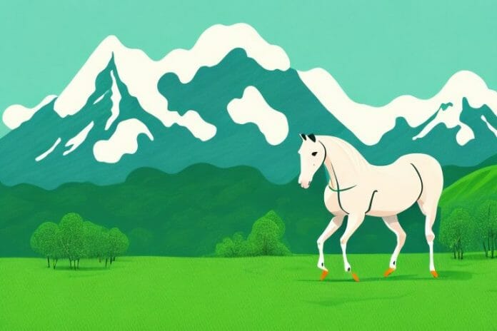 A horse in a lush green landscape